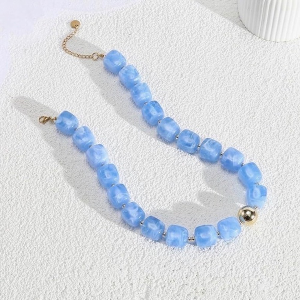 New ~ Blue Marbled Statement‎ Necklace Coastal Acrylic Bead w/ Gold Accent - 16"